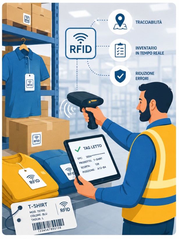Operatore che legge i tag RFID degli articoli in magazzino con lettore palmare